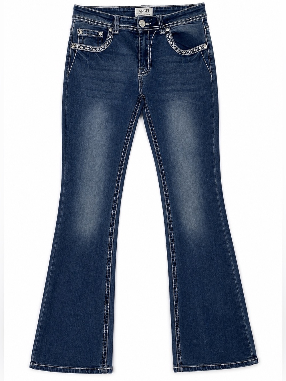 Angel Y2K Boho Chic Retro Flare Rhinestone Sequin Embellished Jeans, Sz 5 (2/4) - Picture 2 of 12